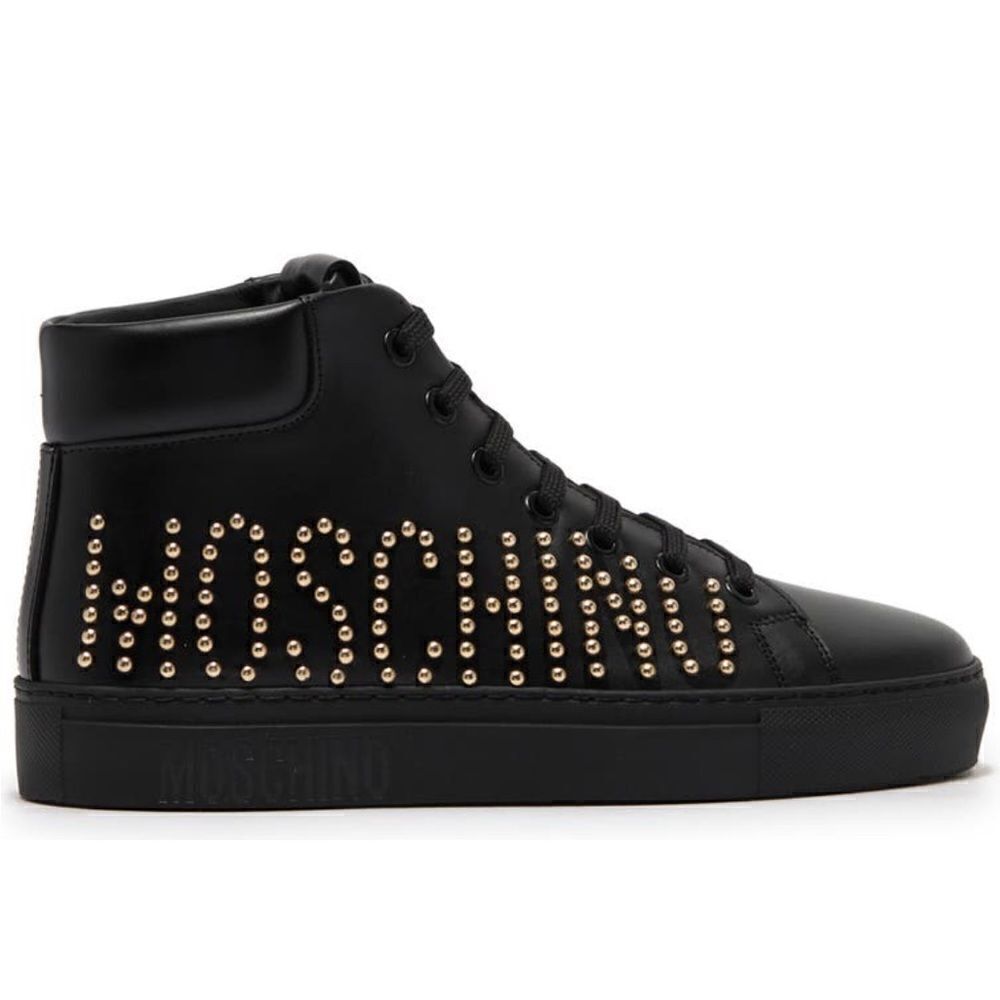 Moschino Women’s High Top logo studded leather black sneaker size 7, NIB - Picture 2 of 12